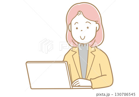 パソコンの画面を見るピンク髪でスーツの女性のイラスト 130786545