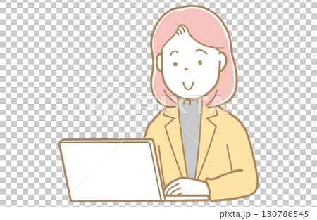 パソコンの画面を見るピンク髪でスーツの女性のイラスト 130786545