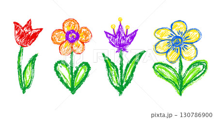 Chalk drawing of four colorful flowers with simple shapes and playful style. Hand drawn crayon scribble illustration with bright and cheerful mood. Chalk drawing of four colorful flowers with simple shapes and playful style. Hand drawn crayon scribble illustration with bright and cheerful mood. 130786900