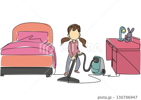 Continuous one line drawing a girl is cleaning her room using a vacuum cleaner. Appropriate technology empowerment. Electric. National Clean Your Room Day. Single line draw design vector illustration 130786947