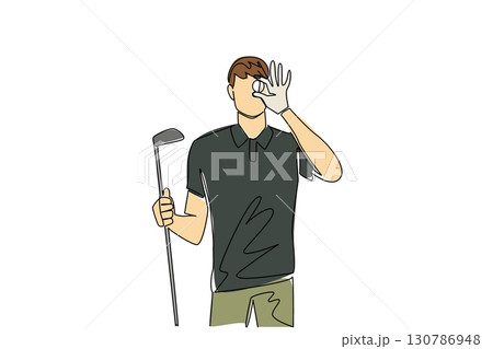 Single one line drawing a man in gloves holds a ball and places it in front of his eyes. Like measuring the distance to a golf hole. National Golf Day. Continuous line design graphic illustration 130786948