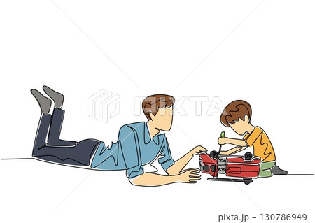 Single continuous line drawing a man lying on the floor accompanying a boy who is fixing a toy car. Training children to be independent. Child Care Provider Day. One line design vector illustration 130786949