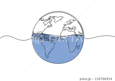 Single one line drawing a globe with water in the center. 71 percent of surface of the earth is ocean. Protect the sea from pollution. Mother Ocean Day. Continuous line design graphic illustration Single one line drawing a globe with water in the center. 71 percent of surface of the earth is ocean. Protect the sea from pollution. Mother Ocean Day. Continuous line design graphic illustration 130786954