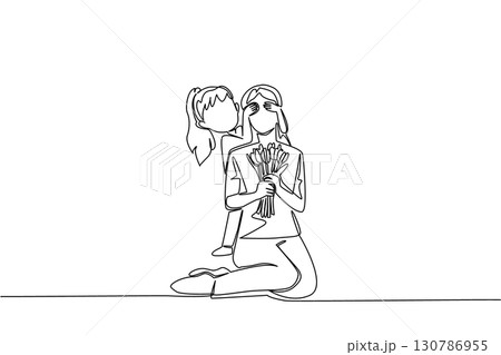 Single continuous line drawing a girl covers eyes of mother with both hands from behind. Give beautiful flowers to the most beautiful mother. Love. Day of Mother. One line design vector illustration 130786955