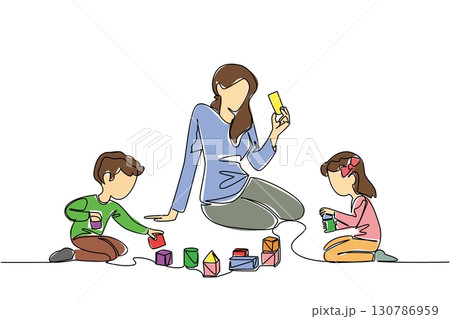 Continuous one line drawing a woman accompanies a girl and a boy sitting playing with building blocks on the floor. Play together. Child Care Provider Day. Single line draw design vector illustration Continuous one line drawing a woman accompanies a girl and a boy sitting playing with building blocks on the floor. Play together. Child Care Provider Day. Single line draw design vector illustration 130786959