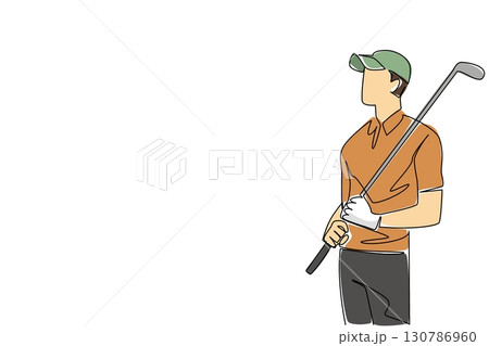 Continuous one line drawing a man wearing gloves and hat holds a golf club. A professional golfer practicing. International competition. National Golf Day. Single line draw design vector illustration Continuous one line drawing a man wearing gloves and hat holds a golf club. A professional golfer practicing. International competition. National Golf Day. Single line draw design vector illustration 130786960
