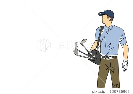 Single one line drawing man wearing a hat and gloves carrying a various golf clubs with golf bag. The newbie who just started practicing. National Golf Day. Continuous line design graphic illustration 130786962