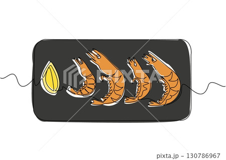 Single one line drawing shrimp lined up 4 on a black square plate. Food presentation pays attention to aesthetics. Deliciousness. National Shrimp Day. Continuous line design graphic illustration Single one line drawing shrimp lined up 4 on a black square plate. Food presentation pays attention to aesthetics. Deliciousness. National Shrimp Day. Continuous line design graphic illustration 130786967