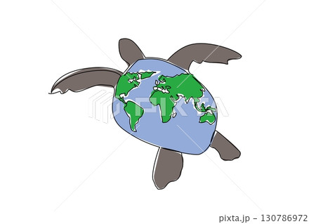 Continuous one line drawing swimming turtle and globe symbol on shell. The ocean is their home and habitat. Love the environment. Reptile. Mother Ocean Day. Single line draw design vector illustration 130786972