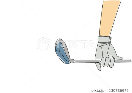 Single continuous line drawing a hand wearing glove is holding golf club. Stretching by swinging a golf club. Relieves tension. Big competition. National Golf Day. One line design vector illustration 130786973
