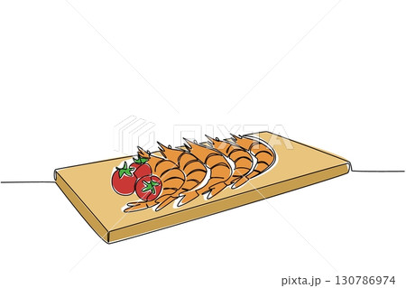 Continuous one line drawing 5 cooked shrimps lined up on a square wooden cutting board. Sour and savory protein. Delicious. Meal. National Shrimp Day. Single line draw design vector illustration Continuous one line drawing 5 cooked shrimps lined up on a square wooden cutting board. Sour and savory protein. Delicious. Meal. National Shrimp Day. Single line draw design vector illustration 130786974