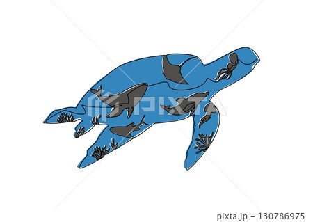 Single continuous line drawing silhouette of a swimming turtle and some other marine life. A place where ecosystems thrive. Underwater paradise. Mother Ocean Day. One line design vector illustration Single continuous line drawing silhouette of a swimming turtle and some other marine life. A place where ecosystems thrive. Underwater paradise. Mother Ocean Day. One line design vector illustration 130786975