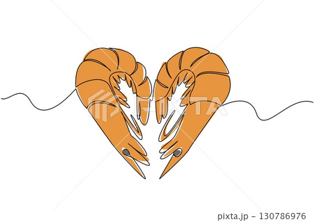 Single continuous line drawing 2 shrimps arranged in a heart shape. Serving for seafood lovers. Seafood restaurant logo. Prawn. Delicious. National Shrimp Day. One line design vector illustration Single continuous line drawing 2 shrimps arranged in a heart shape. Serving for seafood lovers. Seafood restaurant logo. Prawn. Delicious. National Shrimp Day. One line design vector illustration 130786976