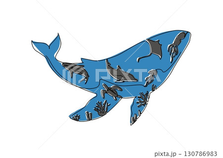 Continuous one line drawing several silhouettes of types of fish within silhouette of a large whale. The highest food chain in the ocean. Mother Ocean Day. Single line draw design vector illustration 130786983