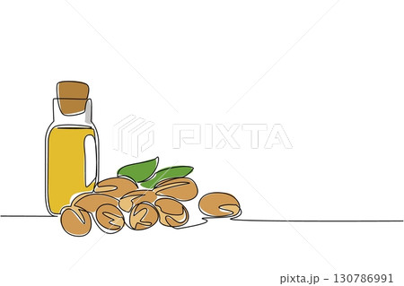 Single continuous line drawing scattered argania seeds and bottles of argania oil. Treatment oil in bottle. Easy to carry and useful. International Day of Argania. One line design vector illustration 130786991