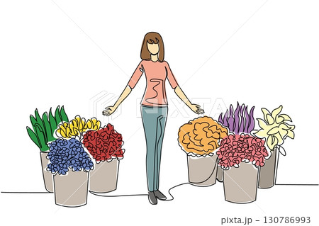 Single one line drawing a woman standing in the middle of pots containing various kinds of flowers. Offer to potential buyers. National Small Business Day. Continuous line design graphic illustration Single one line drawing a woman standing in the middle of pots containing various kinds of flowers. Offer to potential buyers. National Small Business Day. Continuous line design graphic illustration 130786993