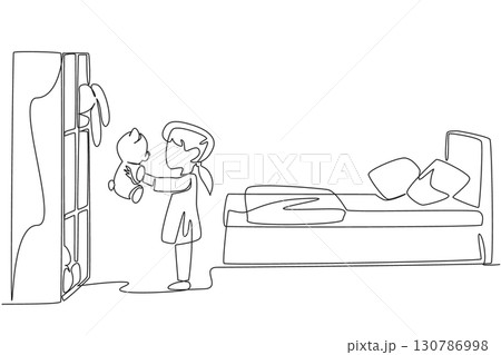 Continuous one line drawing a little girl tidying up her toys and putting them away in the cupboard. Free time for cleaning. National Clean Your Room Day. Single line draw design vector illustration 130786998