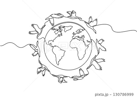 Single one line drawing goose flies mass around globe full. Go in groups to avoid predatory birds. Avoiding summer in the south. World Migratory Bird Day. Continuous line design graphic illustration 130786999