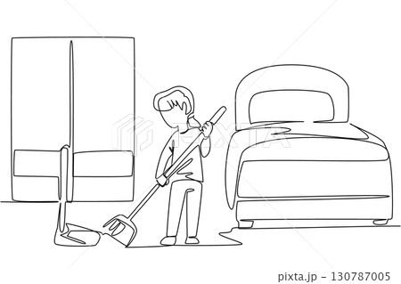 Continuous one line drawing a little girl sweeps the floor using a broom and dustpan. Done manually. Without robot technology. National Clean Your Room Day. Single line draw design vector illustration 130787005
