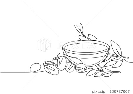 Single one line drawing argania seeds scattered around as well as bowls filled with argania oil. Argan oil with many benefit. International Day of Argania. Continuous line design graphic illustration 130787007