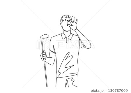 Single one line drawing a man in gloves holds a ball and places it in front of his eyes. Like measuring the distance to a golf hole. National Golf Day. Continuous line design graphic illustration 130787009