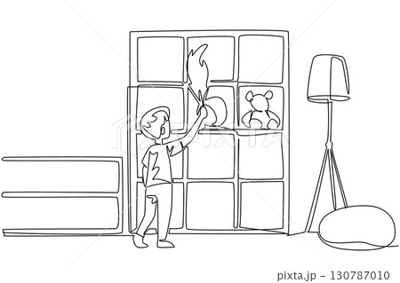Single continuous line drawing a boy dusting shelf using a duster. Daily routine after playing in the room. Cleanliness is beautiful. National Clean Your Room Day. One line design vector illustration 130787010