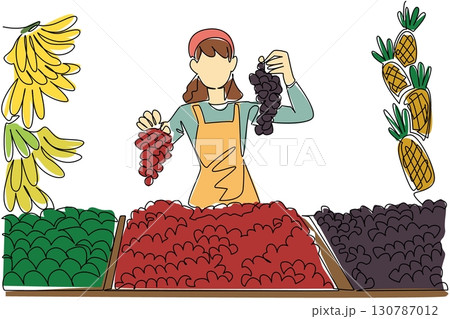 Single continuous line drawing a woman selling fruit holding grapes at her stall. Explaining the advantages of each type of grape. National Small Business Day. One line design vector illustration Single continuous line drawing a woman selling fruit holding grapes at her stall. Explaining the advantages of each type of grape. National Small Business Day. One line design vector illustration 130787012