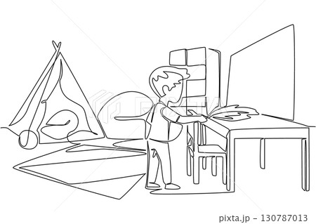 Single one line drawing a boy dusts the table using a duster. Clean thoroughly without any dust residue. Diligent and patient. National Clean Your Room Day. Continuous line design graphic illustration 130787013