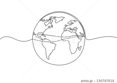 Single one line drawing a globe with water in the center. 71 percent of surface of the earth is ocean. Protect the sea from pollution. Mother Ocean Day. Continuous line design graphic illustration 130787018