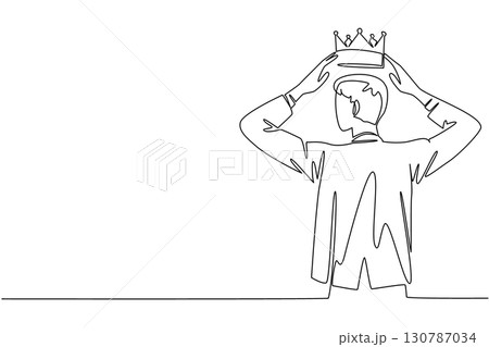 Single one line drawing a man in a suit puts a crown on his head. Pride that will become a beautiful history. A true winner. Success. Reward Yourself Day. Continuous line design graphic illustration Single one line drawing a man in a suit puts a crown on his head. Pride that will become a beautiful history. A true winner. Success. Reward Yourself Day. Continuous line design graphic illustration 130787034