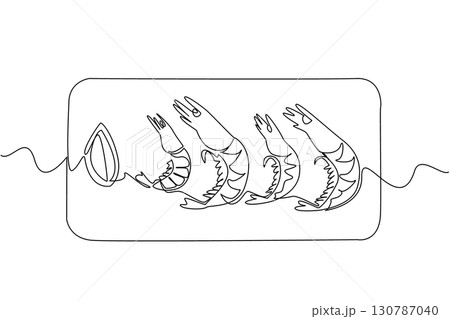 Single one line drawing shrimp lined up 4 on a black square plate. Food presentation pays attention to aesthetics. Deliciousness. National Shrimp Day. Continuous line design graphic illustration 130787040