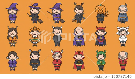 ハロウィン仮装を楽しむファミリーイラストC 130787140