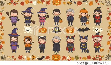 ハロウィン仮装を楽しむファミリーイラストA 130787142