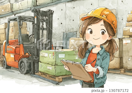 美優シリーズ：フォークリフトと一緒にトラックへ荷物を積み込む美優 130787172