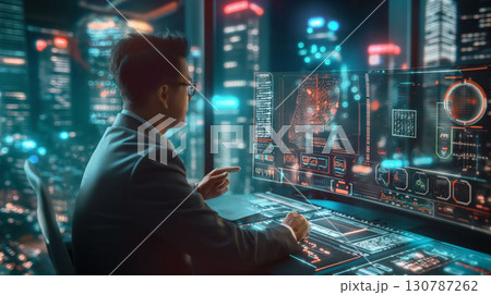 ICTとAIを活用した新しい働き方を象徴するデスクワークシーン ICTとAIを活用した新しい働き方を象徴するデスクワークシーン 130787262