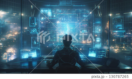 次世代のテクノロジーと共に働く近未来的なデスクワークシーン 130787265