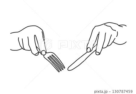 ナイフとフォークを持つ両手のシンプルな線画ベクターイラスト ナイフとフォークを持つ両手のシンプルな線画ベクターイラスト 130787459