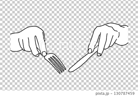 ナイフとフォークを持つ両手のシンプルな線画ベクターイラスト ナイフとフォークを持つ両手のシンプルな線画ベクターイラスト 130787459