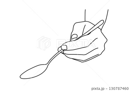 傾けたスプーンを持つ片手のシンプルな線画ベクターイラスト 傾けたスプーンを持つ片手のシンプルな線画ベクターイラスト 130787460