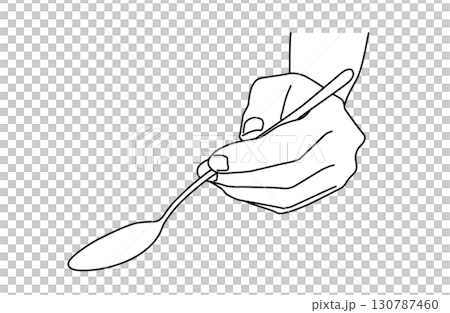 傾けたスプーンを持つ片手のシンプルな線画ベクターイラスト 傾けたスプーンを持つ片手のシンプルな線画ベクターイラスト 130787460