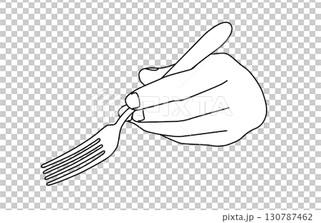 Simple line drawing vector illustration of one hand holding a tilted fork Simple line drawing vector illustration of one hand holding a tilted fork 130787462