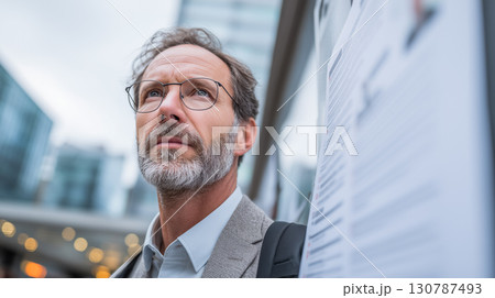 都市の一角で求人情報を探す中高年男性 都市の一角で求人情報を探す中高年男性 130787493