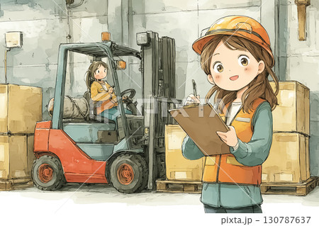 美優シリーズ：フォークリフトと一緒にトラックへ荷物を積み込む美優  130787637