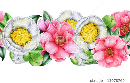 Camellia white and pink flowers seamless border decor element. Hand drawn vintage style botanical watercolor illustration. Tender pink and white camellia blossoms seamless border bright decoration 130787694