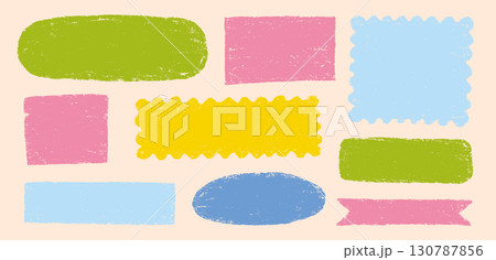 Doodle brush crayon shape color frame set. Hand drawn crayon pencil box, pastel rough chalk texture square border. Cute cartoon paint frame circle, square background design. Vector Doodle brush crayon shape color frame set. Hand drawn crayon pencil box, pastel rough chalk texture square border. Cute cartoon paint frame circle, square background design. Vector 130787856