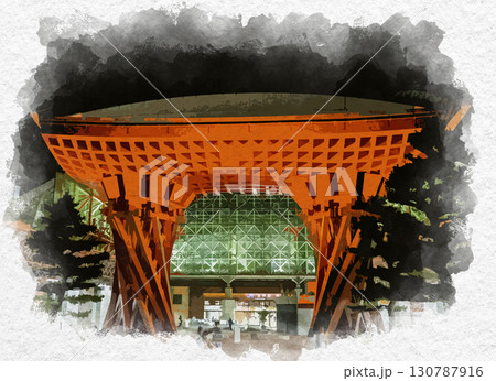 水彩画風　金沢駅　鼓門　石川県金沢市 130787916