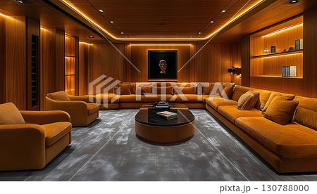 Luxury living room interior design orange velvet sofas wooden walls ambient lighting Luxury living room interior design orange velvet sofas wooden walls ambient lighting 130788000