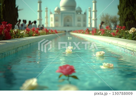 Taj Mahal Reflecting Pool with Floating Roses and Distant Figure 130788009
