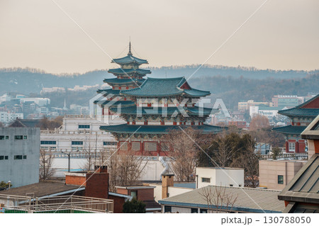 Pagoda of the National Folk Museum of Korea Overlooking Seoul Cityscape 130788050