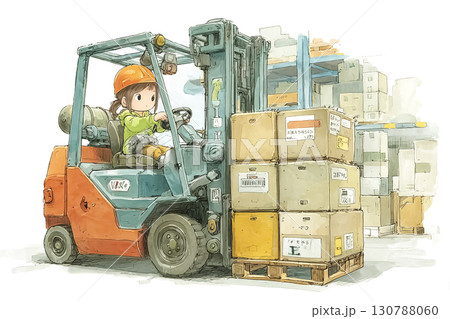 医薬品倉庫でフォークリフトを操作する美優 130788060